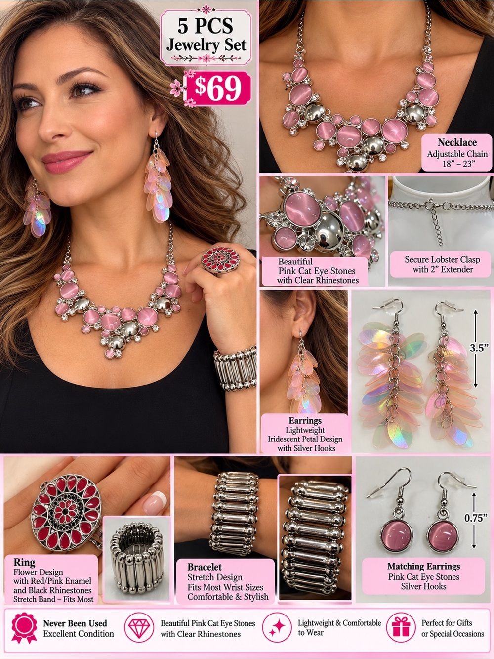 Pink Statement Necklace & Earrings 5-Piece Jewelry Set - Women